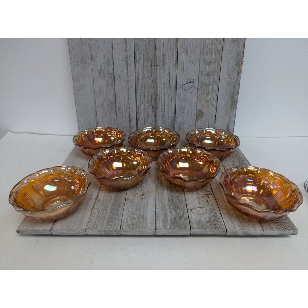Set Of 7 Vintage Hazel Atlas Marigold Desert Bowls 4 1/2" Diamond Point Columns